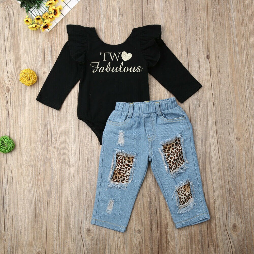 2PCS Toddler Kids Baby Girl Clothes Sets 1-6Y Letter Long Sleeve Ruffle Romper+Denim Pants Winter Outfits Clothes