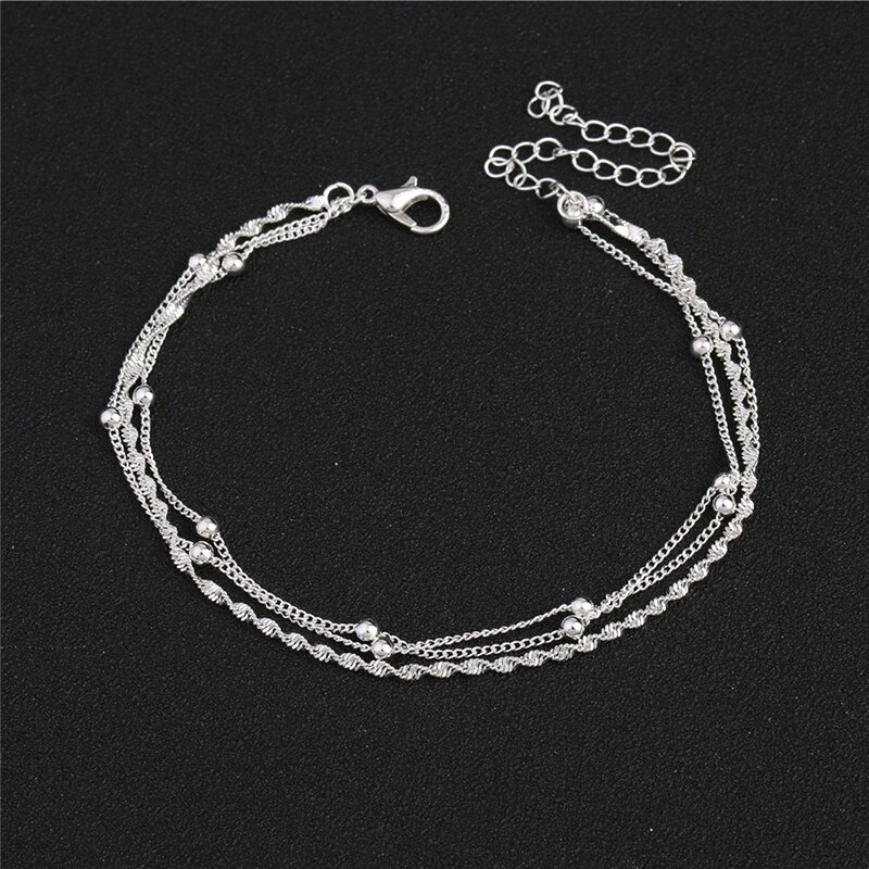 925 Sterling Silver Bracelets For Women Jewelry Multilayer Charm Beads Anklet Accessories For Girls 5B252