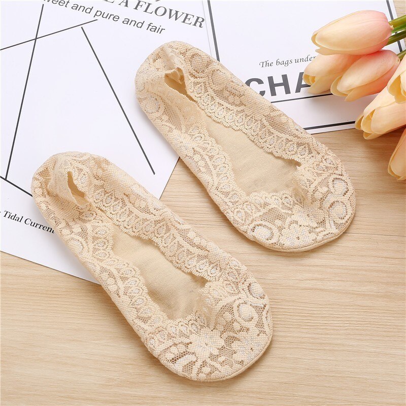 Summer women girl Silica Gel Lace Boat Socks Invisible Cotton Sole Non-slip Antiskid Slippers Anti-Slip Sock 1pair=2pcs ws7414