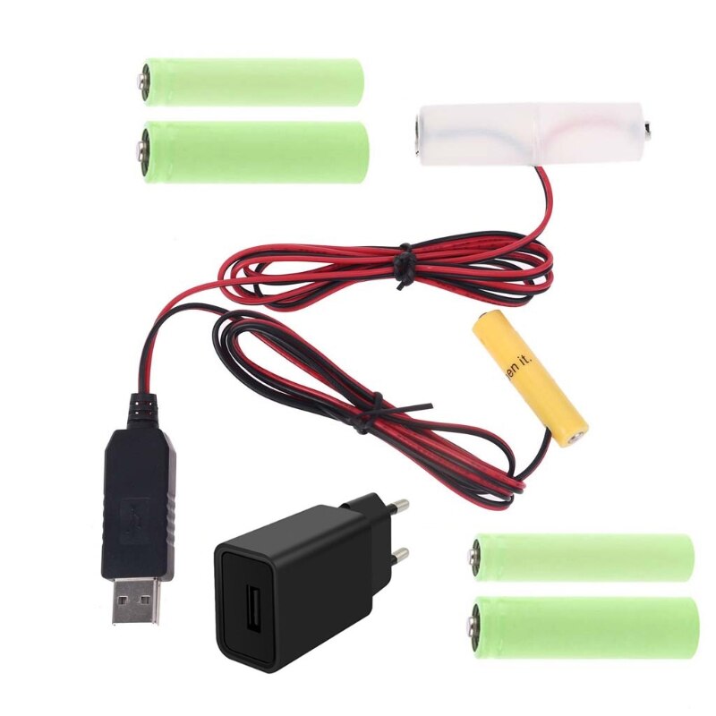 2in1 EU Plug USB Power Adapter Mains Convert to AA + AAA Battery Eliminator Cable Replace 1 to 4pcs 1.5V AA AAA Battery