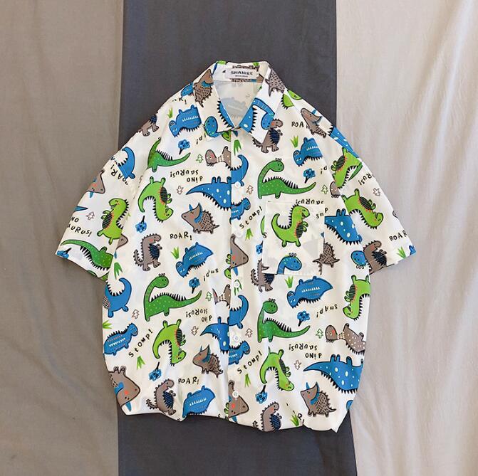Zomerse harajuku blouse heren tops turn-down kraag losse korte mouwen heren overhemd casual dinosaurus print hawaii shirts: Wit / Xxl 73-80kg