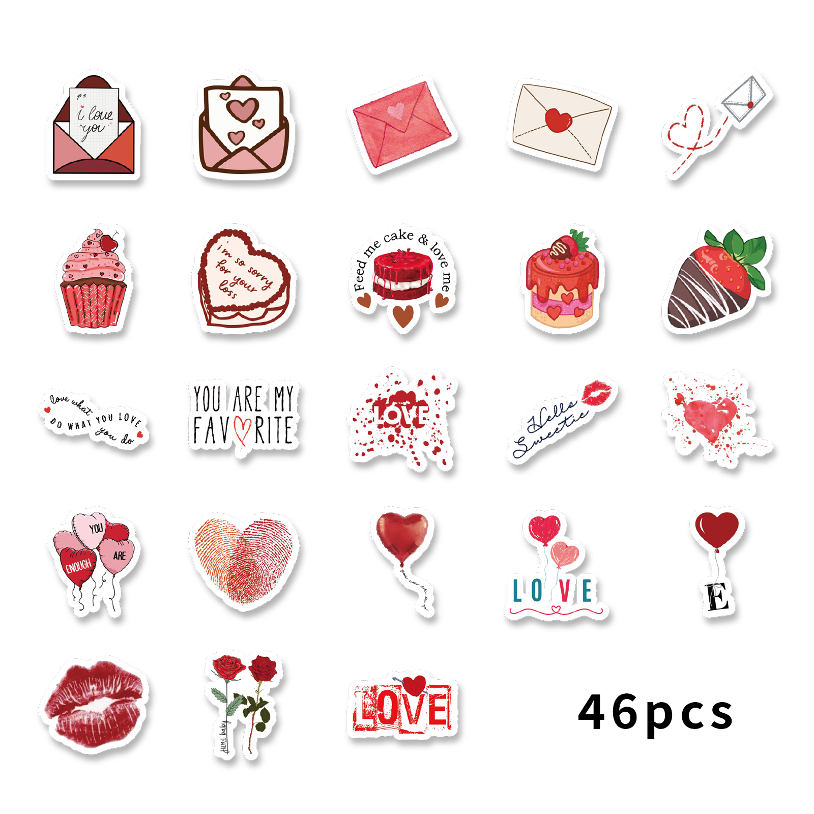 46 stuks Valentijnsdag thema patroonstickers, geschikt voor Valentijnsfeesten, fotoalbums, notitieboekjes, telefoonhoesjes, waterfles: Rood
