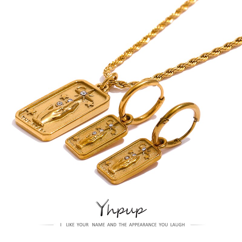 Yhpup Rvs Star Hand Hanger Ketting Oorbellen Set Verklaring Gouden Celestial Set Titanium Stalen Sieraden 2022