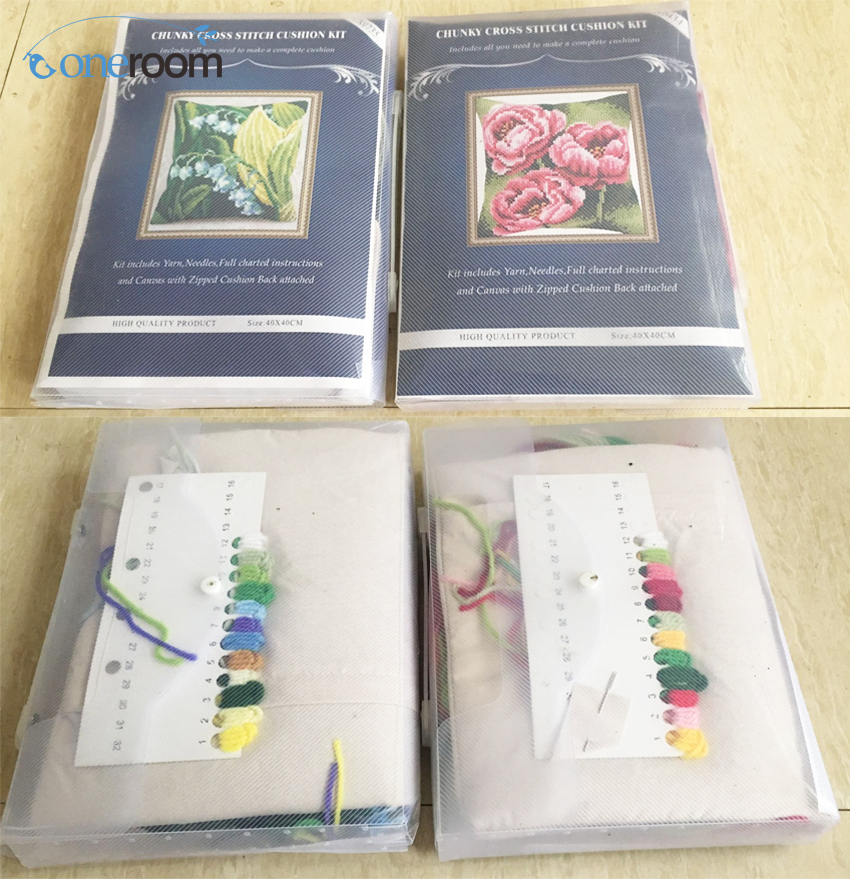 1flowers 04 DIY Needlework Kit Acrylic Yarn Embroidery Pillow Tapestry Canvas Cushion Front Cross Stitch Pillowcase-
