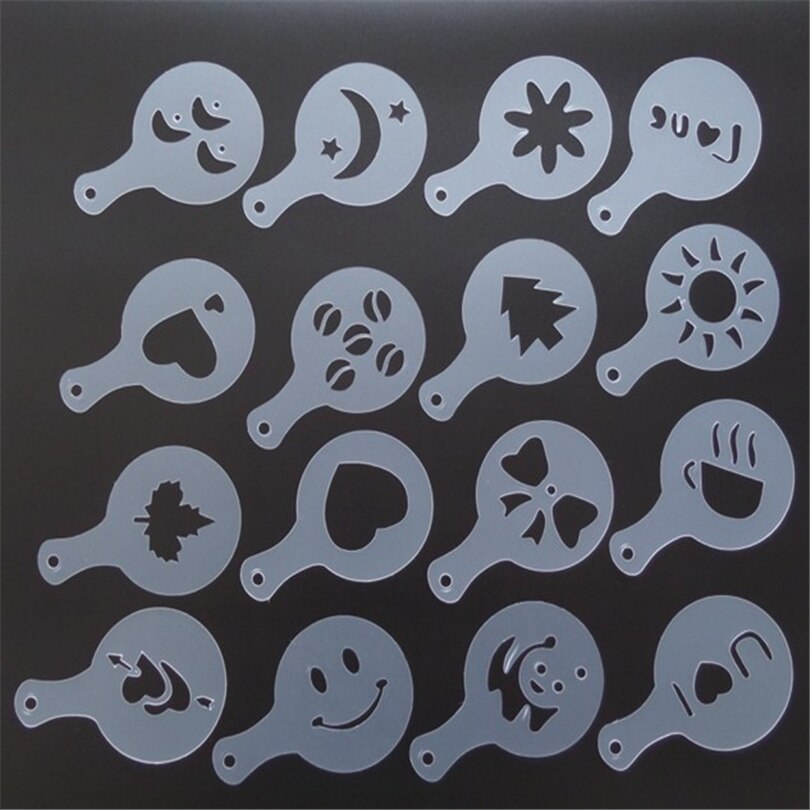 Moule à Cappuccino modèle d'impression Natie | Ensemble de 16 pièces, dessin de café mousse de café, pochoirs à gâteaux, pochoir à sucre en poudre, outils de tamis