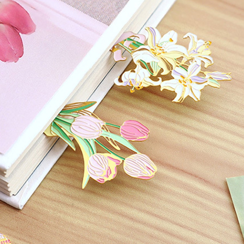 Marcapáginas de flores de tulipán y lirio de cereza de Metal con cadena colgante, divisor de página de libro para amante de libros, de Acción de Gracias de cumpleaños para niña