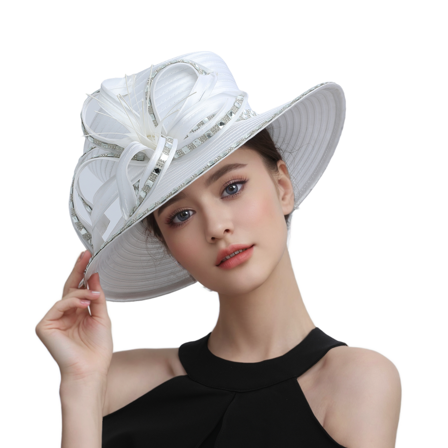 Sombrero de iglesia blanco de lujo para , banquete, tela satinada, sombreros de fotografía, cadenas Premium, sombrero Formal, gorra superior de flores para mujeres y señoras
