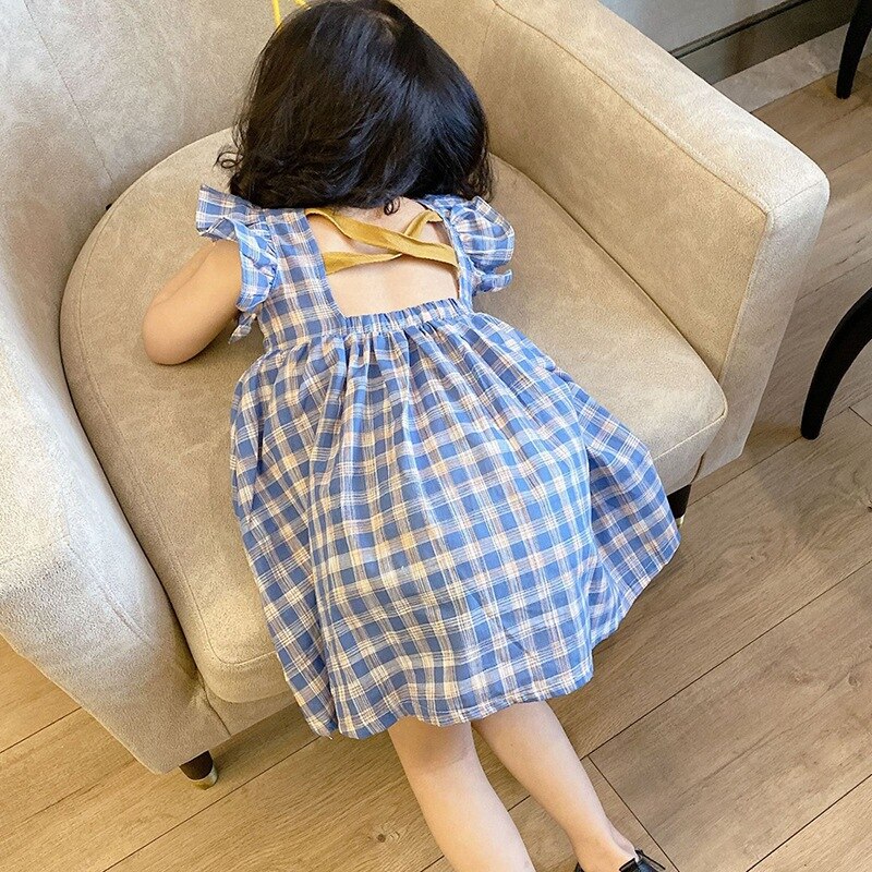 Zomer Meisjes Jurken Prinses Plaid Ruches Hollow Back Japon Mouwloze Leuke Rok Kid Kleding Voor Baby Meisje