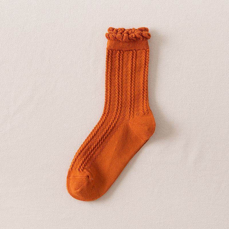 Frilly Ruffle Socks Japanese Style Kawaii Cute Cotton Woman Socks Harajuku Retro Casual Solid Color White Black Beige Crew Socks: Orange