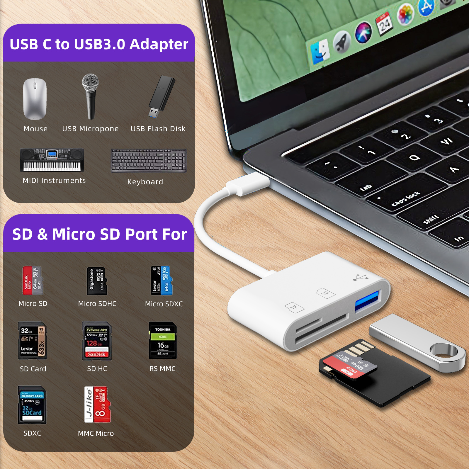 Lector de tarjetas SD USB 3,0 USB-C a adaptador de tarjeta SD TF lector de tarjetas de memoria para Mac IPad Pro Air IMac portátil para teléfono Android