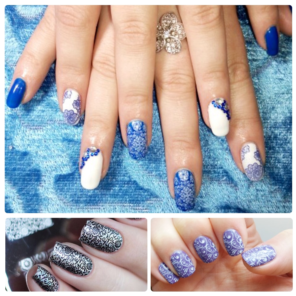 1 sæt blonde stempelplade til nail art blomst 3d overførselstryk stencil stamper skraber manicure stempel værktøj chbc 01-20