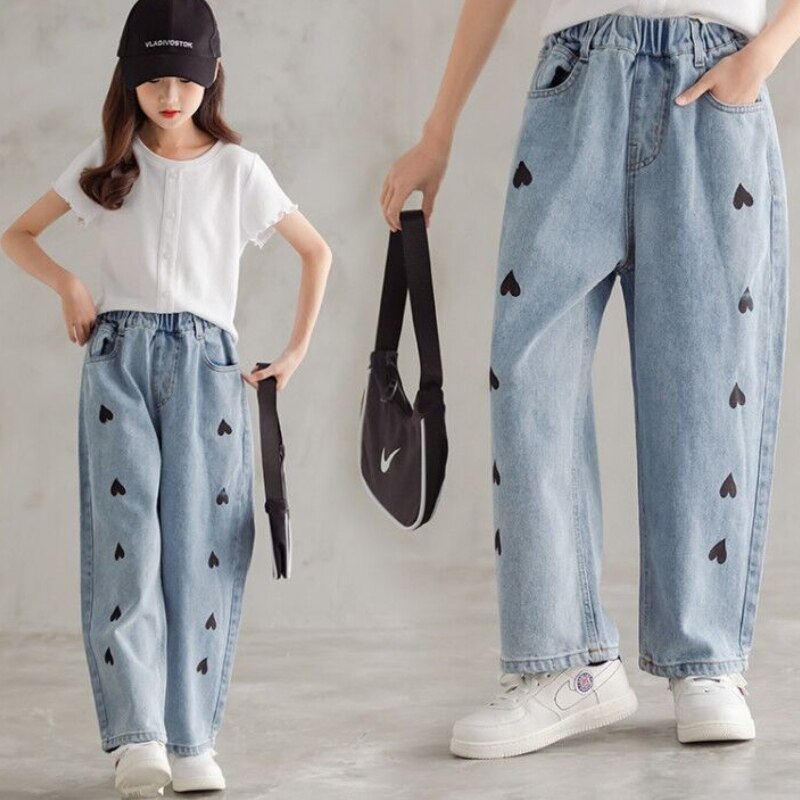Pantalones vaqueros de pierna ancha para niñas, Jeans rectos de algodón, holgados, con corazones, ropa para Niñas Grandes