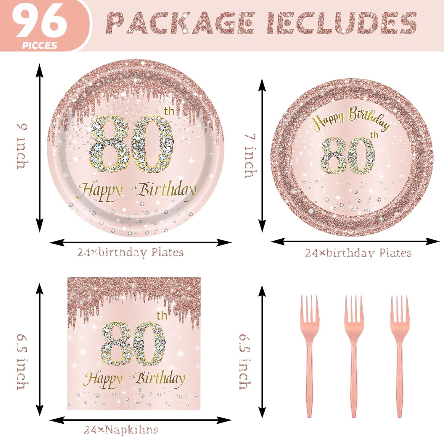 80th Rose Gold Birthday Party Decrations Women 80 Birthday Plates Napkins Forks Party Supplies 80 Year Old Birthday Disposable