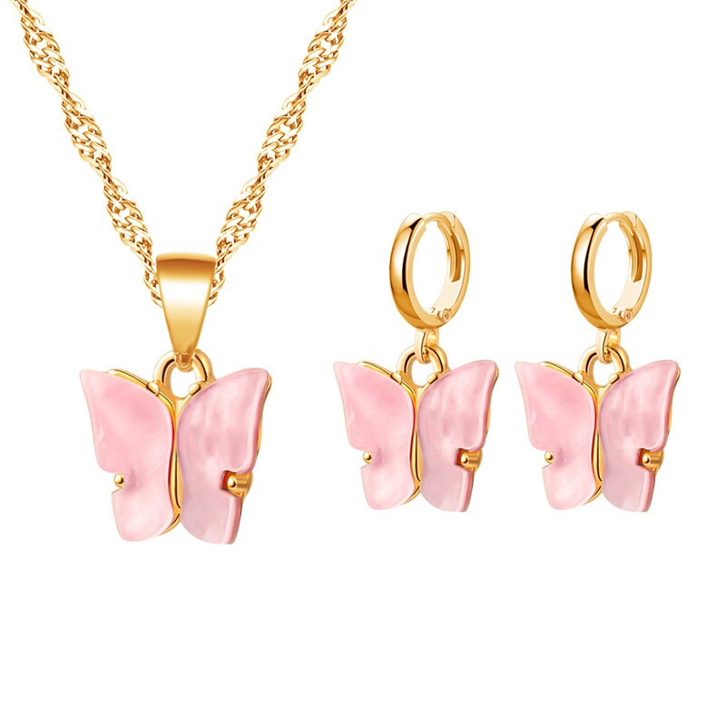 ZWC Butterfly Women's Earrings Necklace Set Acrylic Butterfly Earrings Animal Sweet Colorful Earrings Girls Jewelry: LightPowder