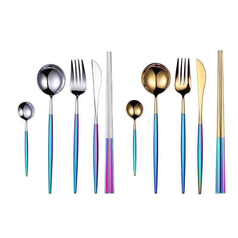 Färgglada bestick set rostfritt stål ätpinnar middag kniv sked gaffel tesked servis set jul silver fest
