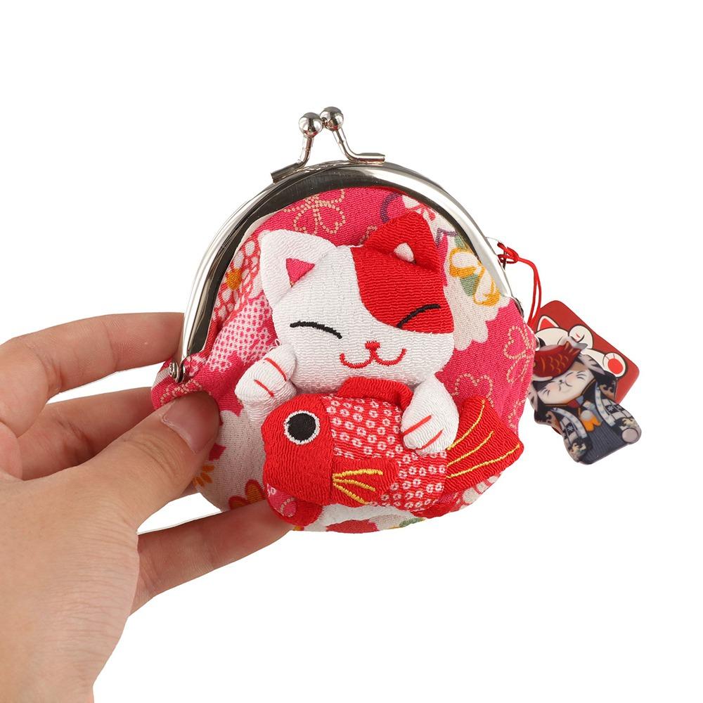Retro Japanese Style Maneki Neko Coin Purse Doll Flower Printing Lucky Cat Clutch Bag Storage Bag Wallets Card Holder Women