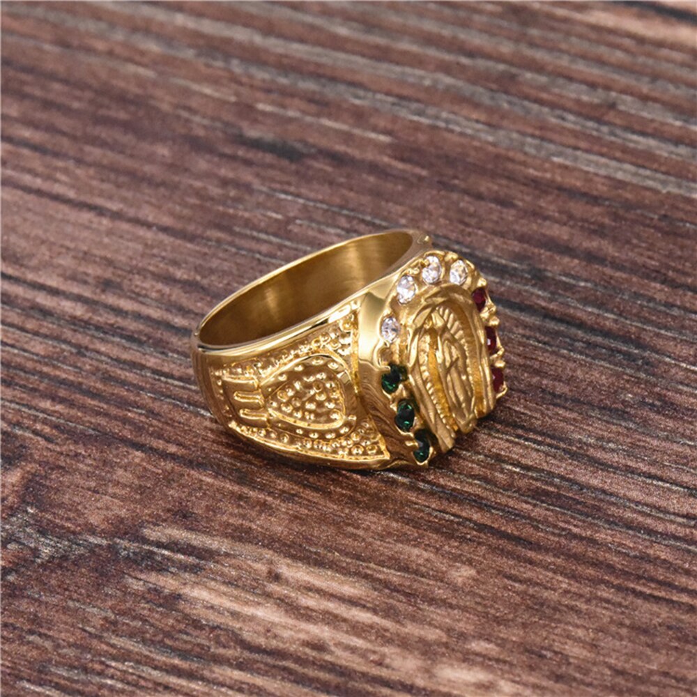 Rustfrit stål guld hip hop krystal jomfru mary ring smykker mama mary christ rhinestone ring smykker til ham størrelse 8-12