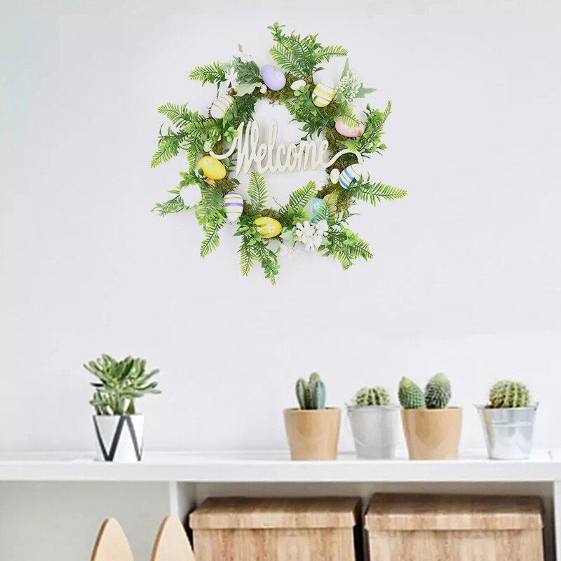 Easter Garland Eggs Rattan Wreath Artificial Flower Door Hang Easter Decoration