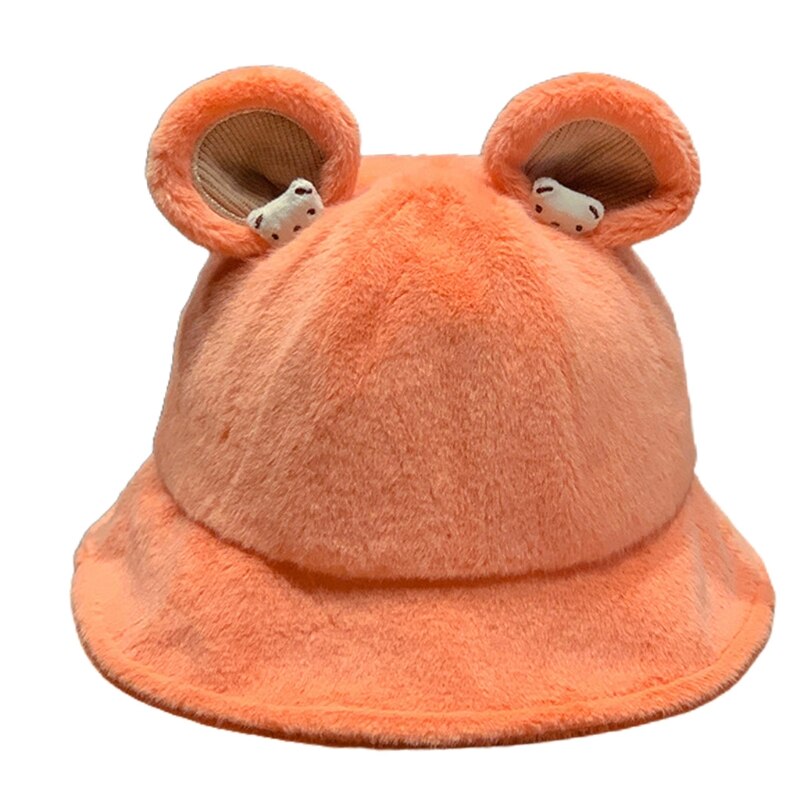 Lovely Fisherman Hat Cute Bear Ear Basin Cap Leisure Soft Sister Solid Color Bucket Cap Outdoor Activities Skiing Hiking: Orange