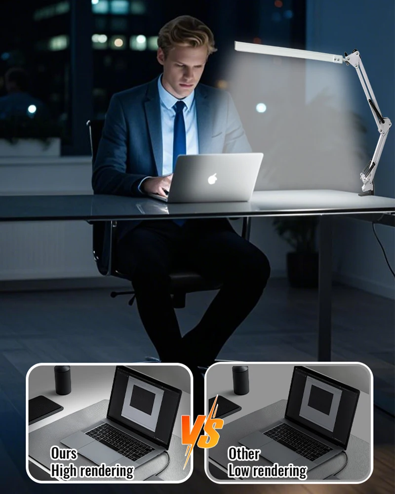 Led-klapbare tafellamp met metalen clip, lange arm, dimbaar, usb-aansluiting, geschikt voor woonkamer, studeerkamer, kantoor, computerbureau en leesruimte.