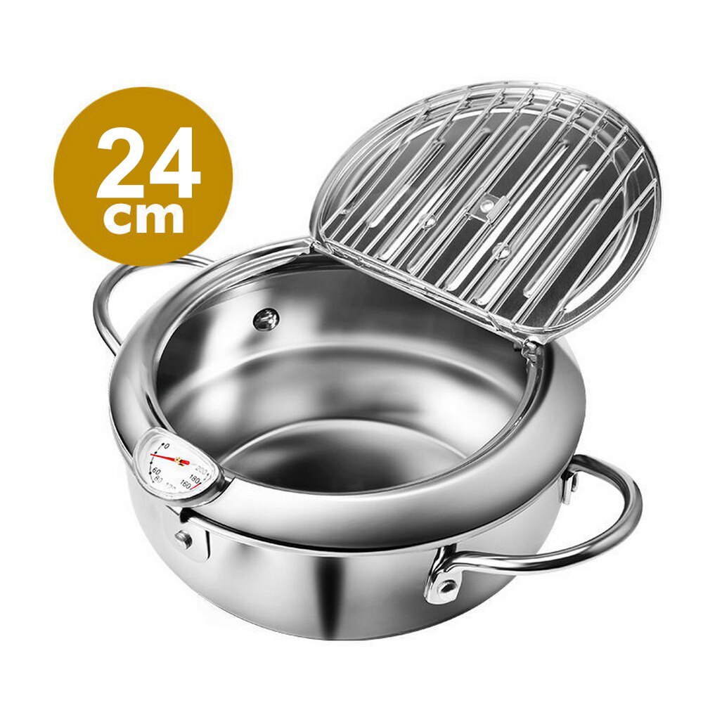 Olla para freír con termómetro y tapa de acero inoxidable, olla para freír pollo frito, utensilios de cocina:  24cm