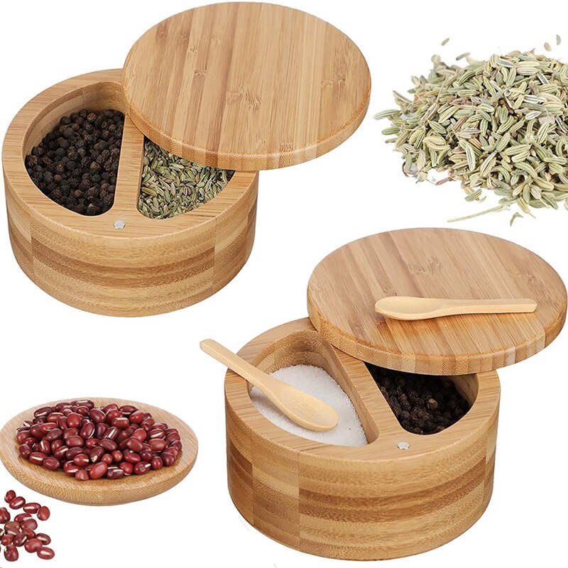 Compartment Bamboo Salt Pepper Box with Magnetic Swivel Lids and 2 Pieces Mini Bamboo Spoons for Kitchen Tool