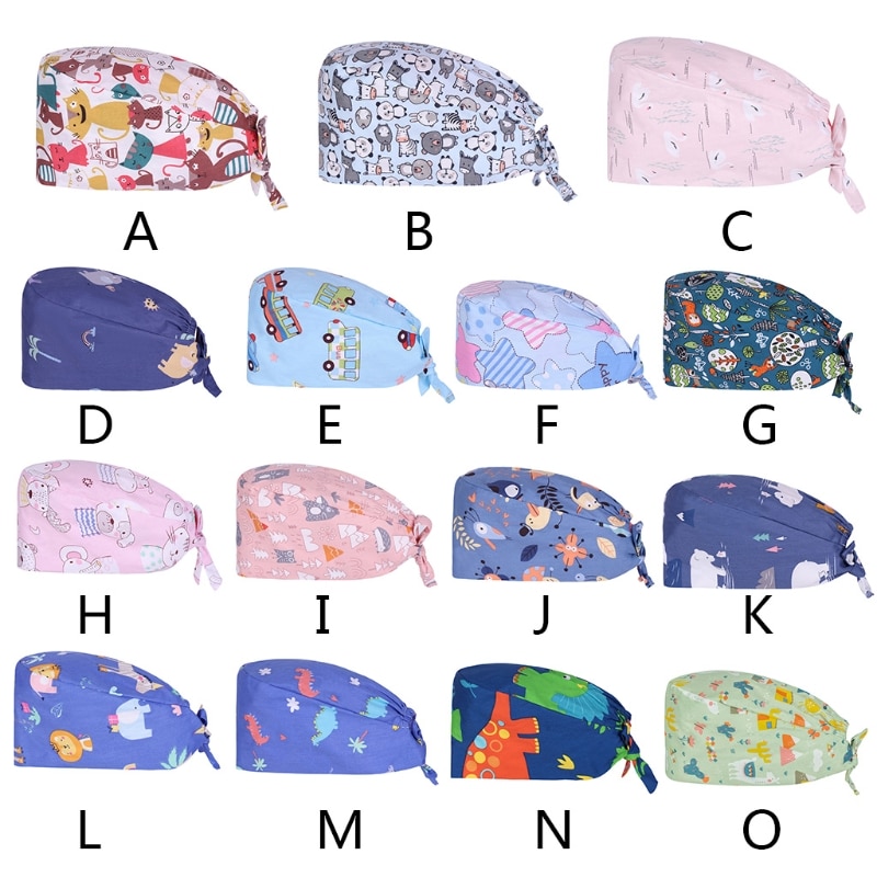 Dokter verpleegkundige katoenen werkmuts met zweetband, verstelbare strik aan de achterkant, schattige cartoon dieren, kalebasvormige bouffant scrubmuts