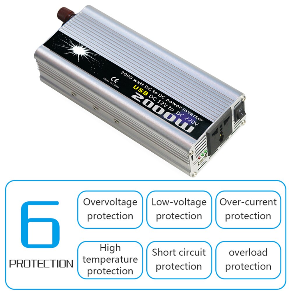 Power Inverter Vehicle Power Converter Universal Modified Sine Wave 2000W DC 12V to 220V AC