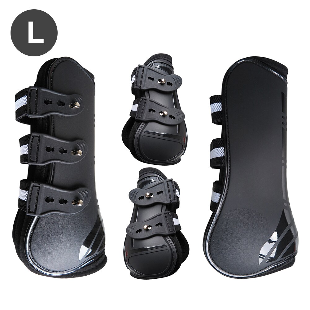 Accesorios de protección de piernas ecuestres, 4 Uds., botas para tendón de caballo de salto con absorción de impacto duradera, parte trasera delantera de PU: Black L