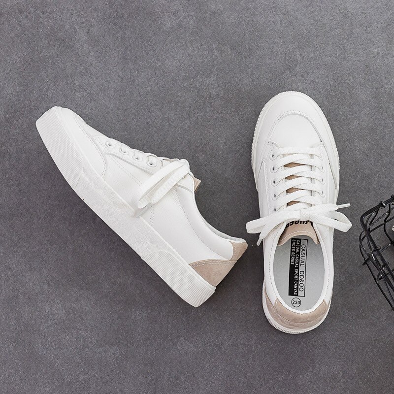 Vita sneakers dam pu-läder lågklackat platt plattform dam snörning vita skor dam storlek 35-40 ab512: Kaki / 6.5