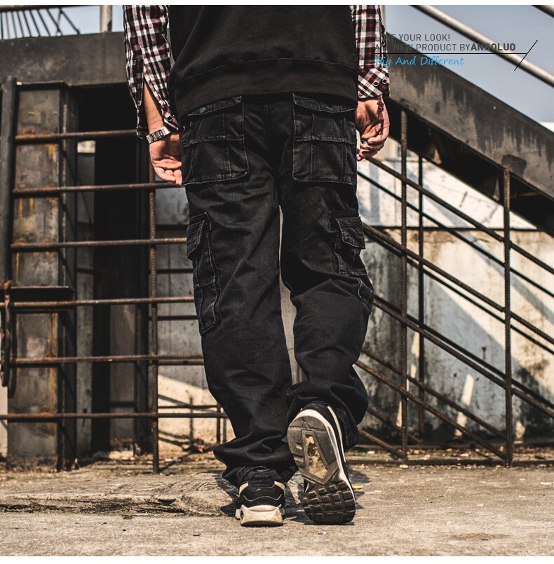 Herr jeans vida ben byxor med flera fickor lösa byxor plus size herr svarta oversized baggy cargo jeans homme hombre