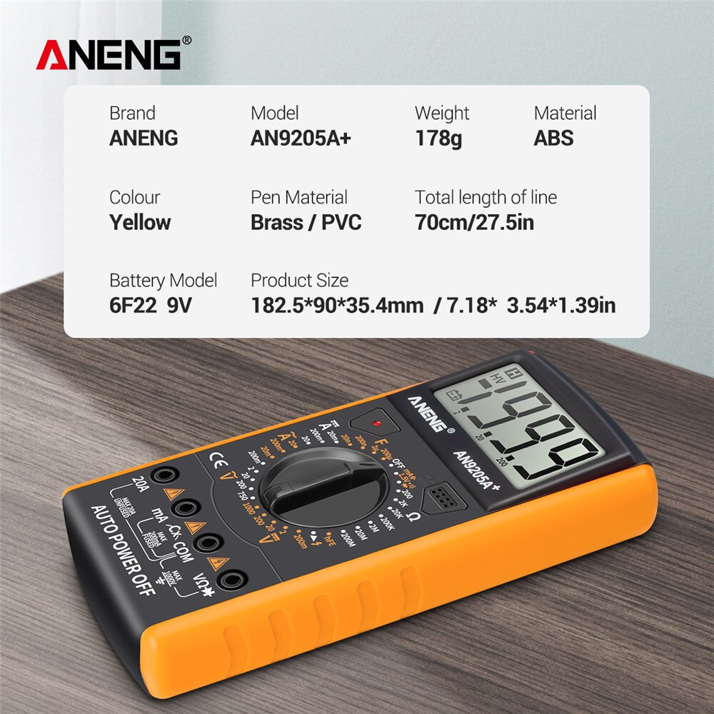 ANENG DT9205A+Digital Multimeter LCD Display Manual Range AC DC Resistance Capacitance Transistor Tester Ammeter NCV Test Meter
