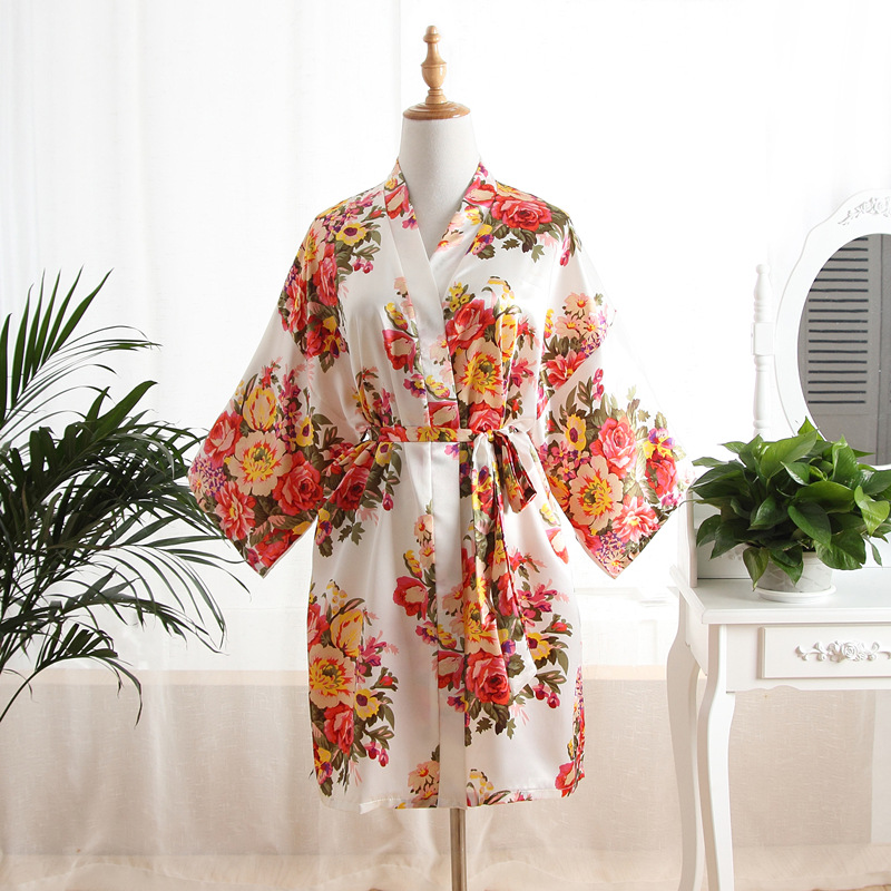 Vrouwen Badjas Sexy Losse Bruiloft Gewaad Casual Lounge Nachtkleding Kimono Print Pioen V-hals Mini Home Kleding
