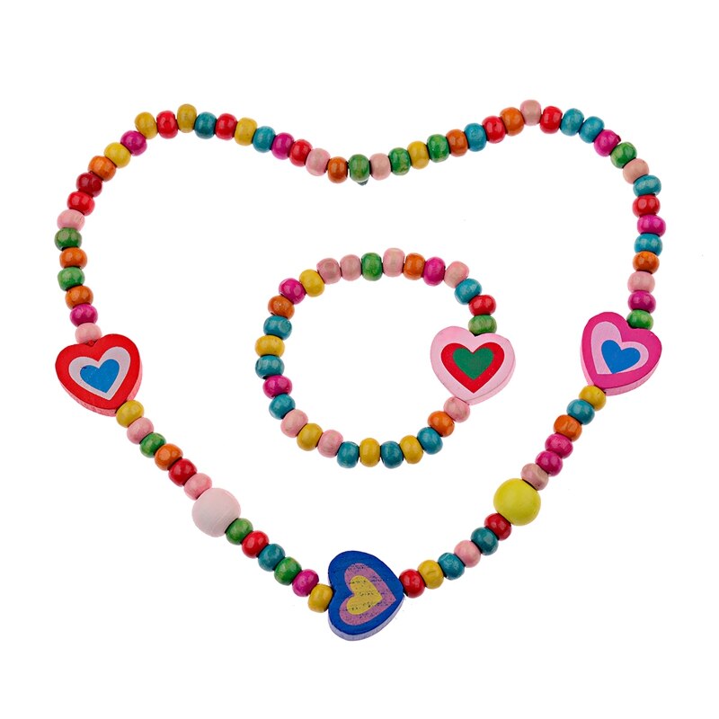 1Set Lovely Girl's Wooden Necklaces Lovely Colorful Heart Shape Beads Necklace&Bracelet Jewellery Set Birthday CS26: 05