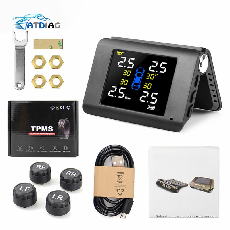 TPMS Solar Power Tyre Pressure Monitoring System with 4 Sensors LCD Real-time Display Car Tire Pressure Auto Alarm System