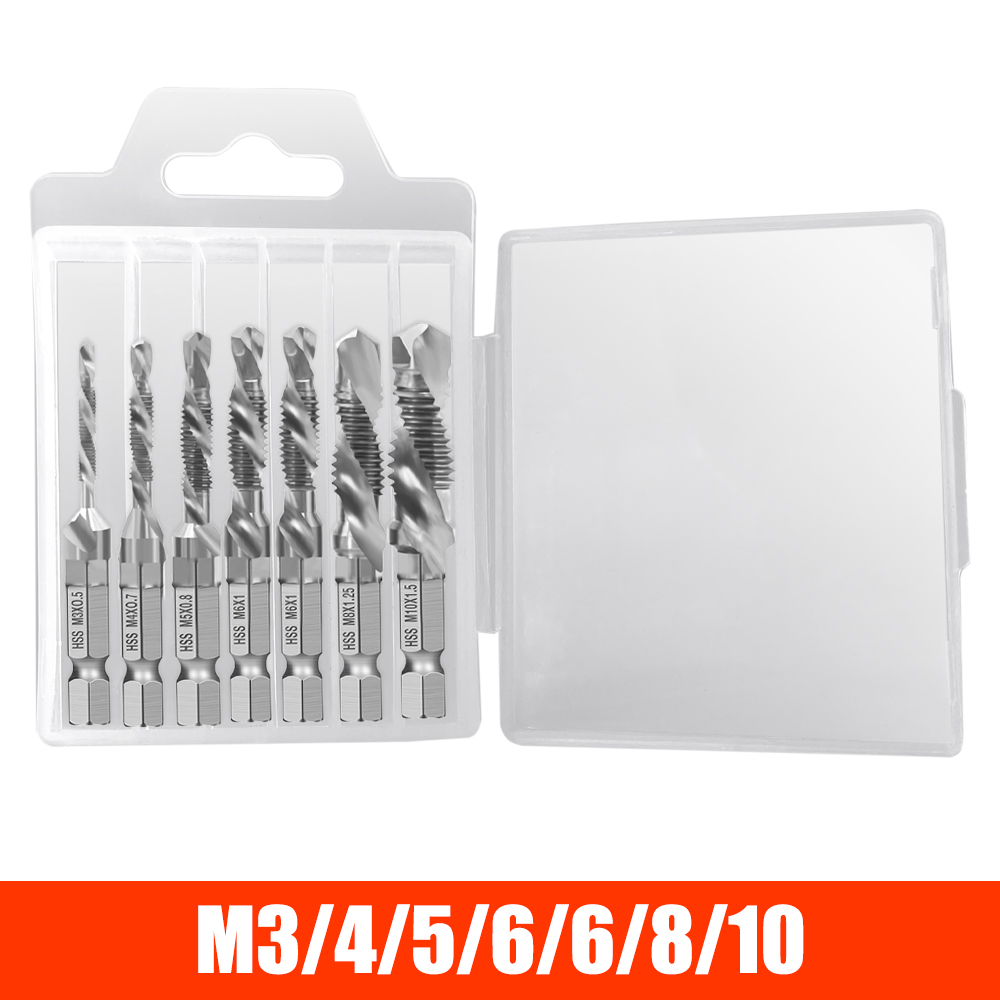 DIZAINLIFE M3 M4 M5 M6 M8 M10 Titanium Tap Drill Bit Set Hex Shank HSS Screw Thread Metric Combination Drill Bits Compound Tools: 7PCS Silver / Standard