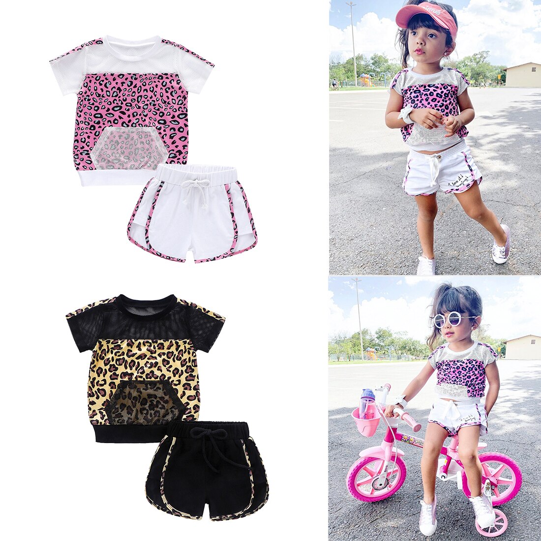 Baby andas fisknät mjuk soldräkt ficka outfits sommarkläder spädbarn barn baby flickor leopard patchwork kläder set