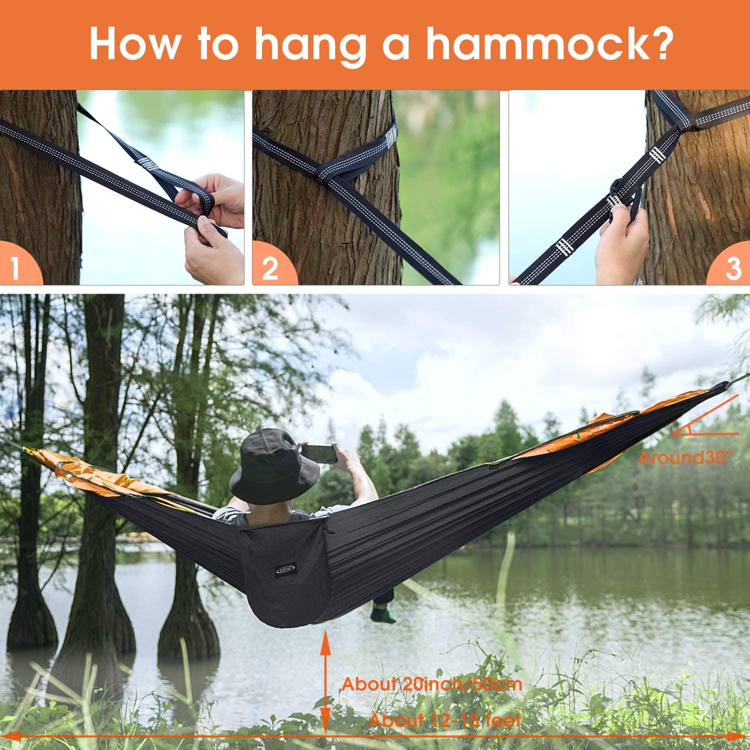 Große outdoor-campinghängematte mit moskitonetz für 2 personen, automatischer schnellöffnung, leicht, tragbar, zum aufhängen, schaukel  -40