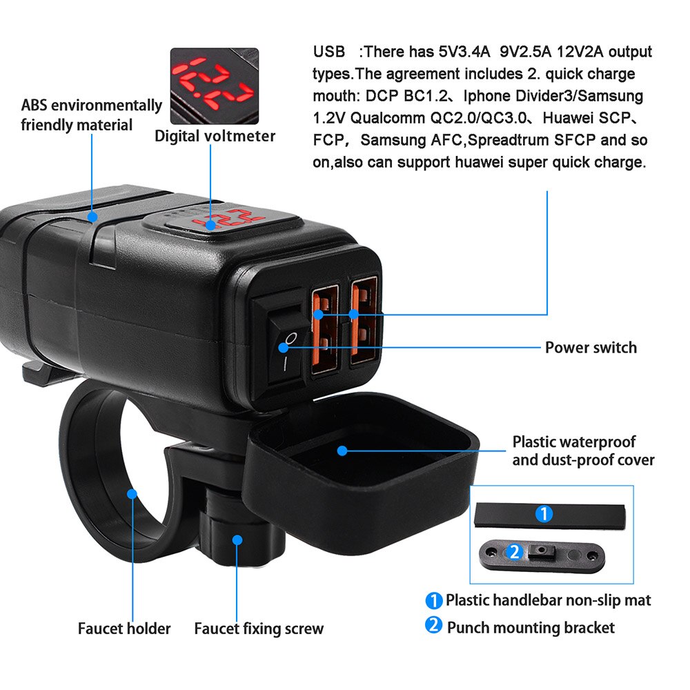 Dual USB Hafen 12V Wasserdicht Motorrad Motorrad Lenker QC3.0 Ladegerät Adapter Netzteil SAE Zu USB LED Voltmeter Buchse