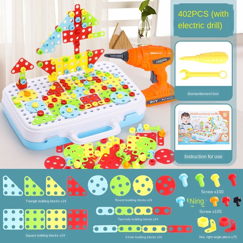Taladro de juguete eléctrico 3WBOX para niños, herramienta de simulación, juguete ensamblado, juego de modelos DIY, juegos de construcción educativos, juguetes para atornillar: 402pcs