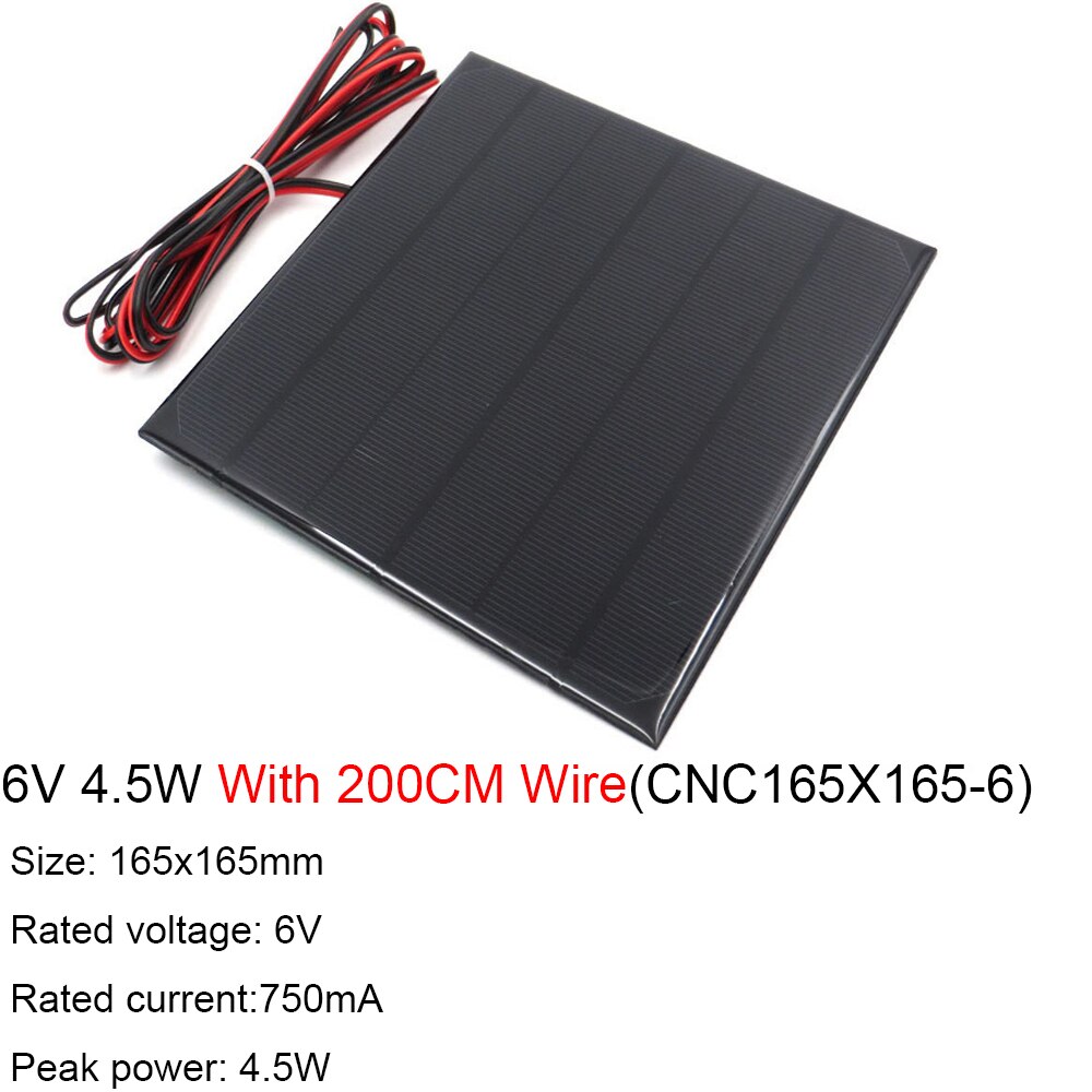6V Solar Panel With 30 100 200CM Wire Mini Solar System DIY For Battery Cell Phone Charger 0.6W 1W 1.1W 2W 3W 3.5W 4.5W 6W 10W: 6V 4.5W