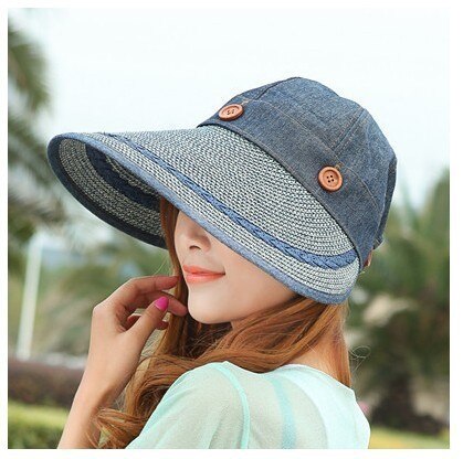 Zonnehoed Dames Brede Rand Stro Vrouwen Wide Brim Grote Floppy Zomer Strand Een Zonnehoed Strooien Hoed Knop Cap zomer Hoeden Voor Vrouwen: Blue