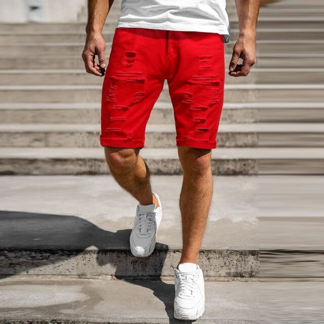 Mens Destroyed Ripped Denim Pants Slim Skinny Straight Jeans Trousers Shorts Casual Male Trunks Clothing: Red / XL