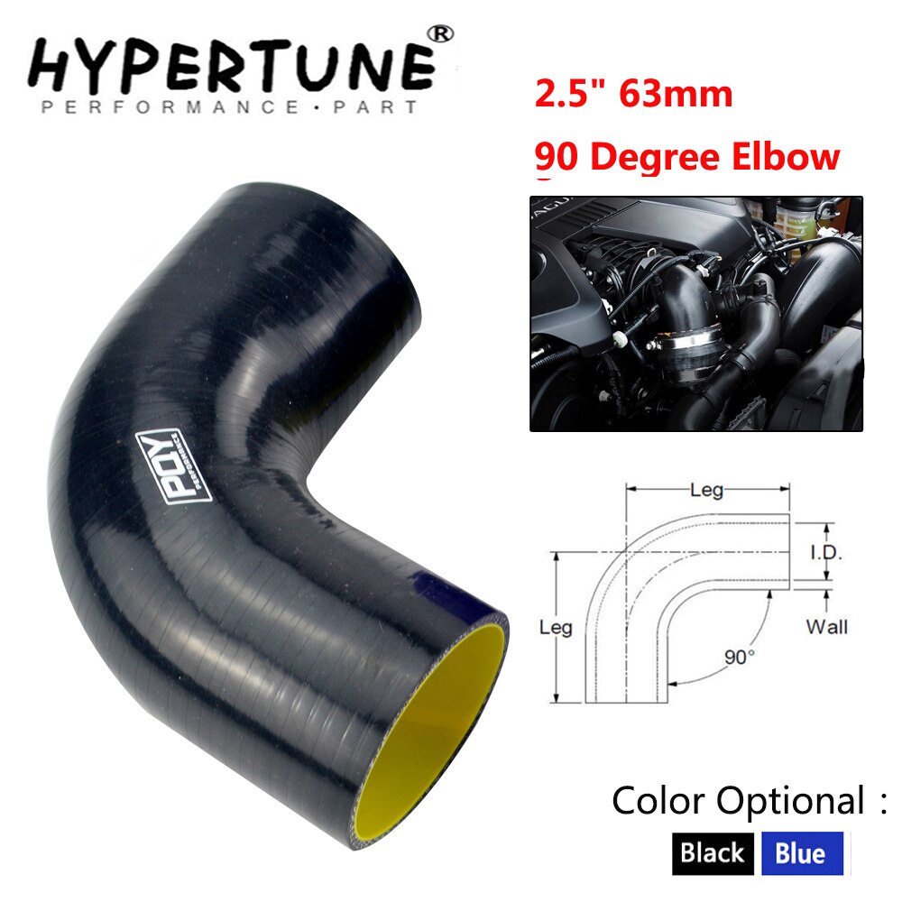 Hypertune - 2.5 &quot;63 Mm 90 Graden Elleboog Siliconen Slang Turbo Intake Blauw Of Zwart Met Innerlijke Geel HT-SH9025-QY