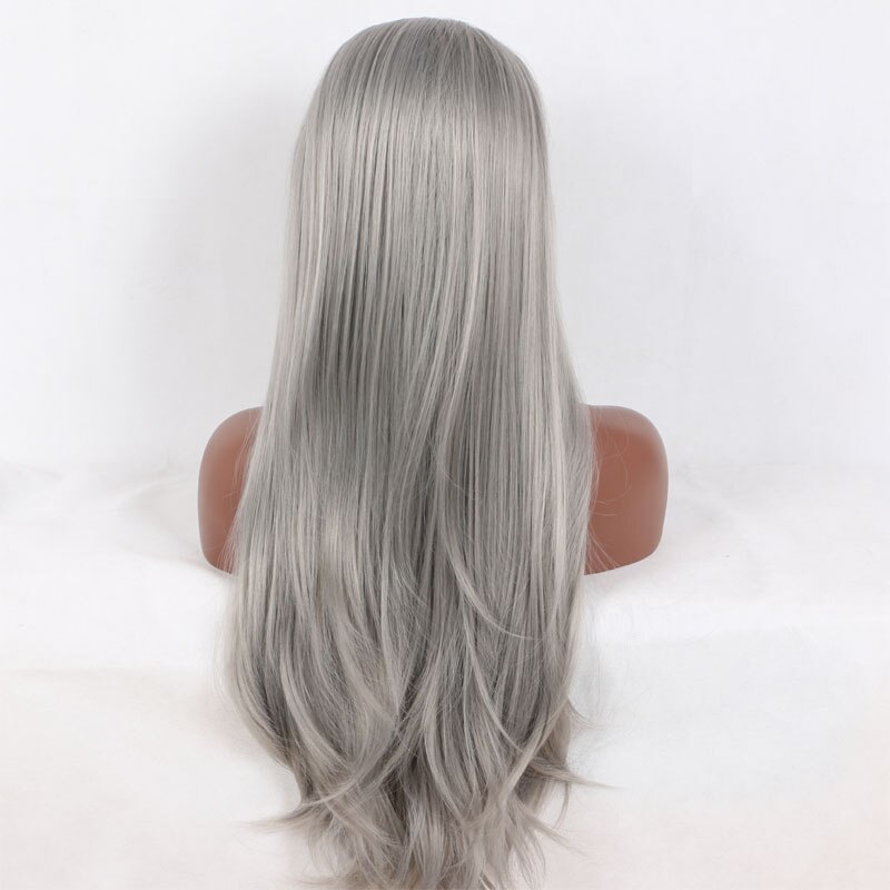 Bombshell Silvery Grey Straight Synthetic Hair Lace Front Wig Heat Resistant Fiber Natural Hairline Free Parting For Women Wigs