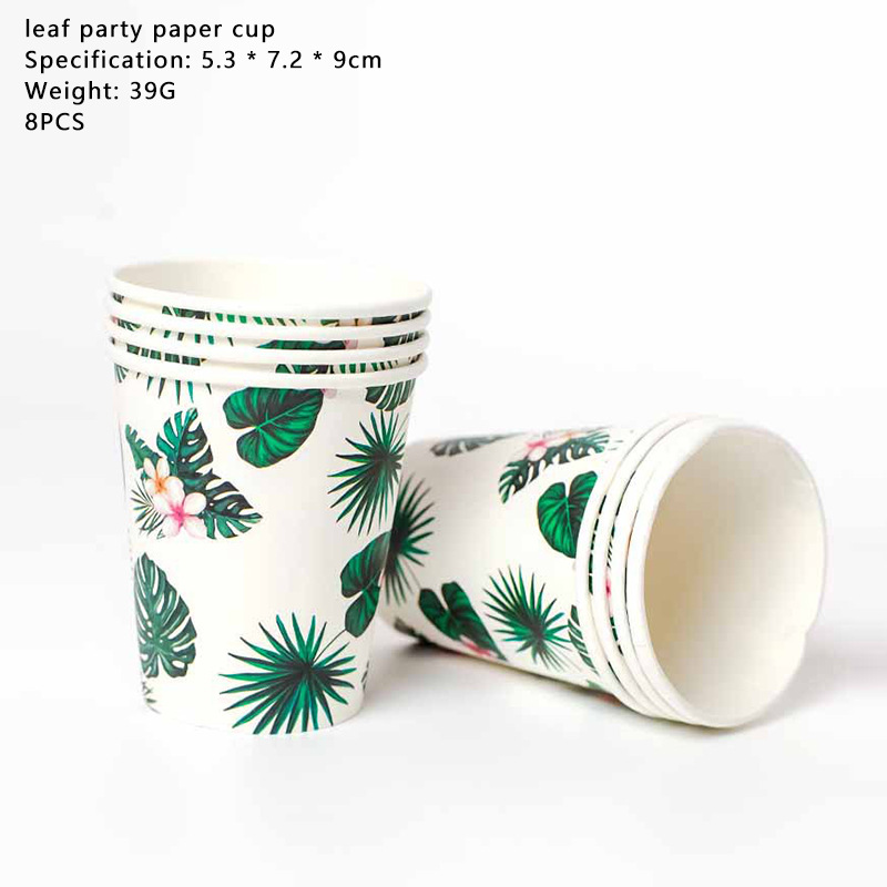 Hawaii party decoration green leaves jungle disposable tableware plates napkins tropical summer wedding party: 8pcs cup