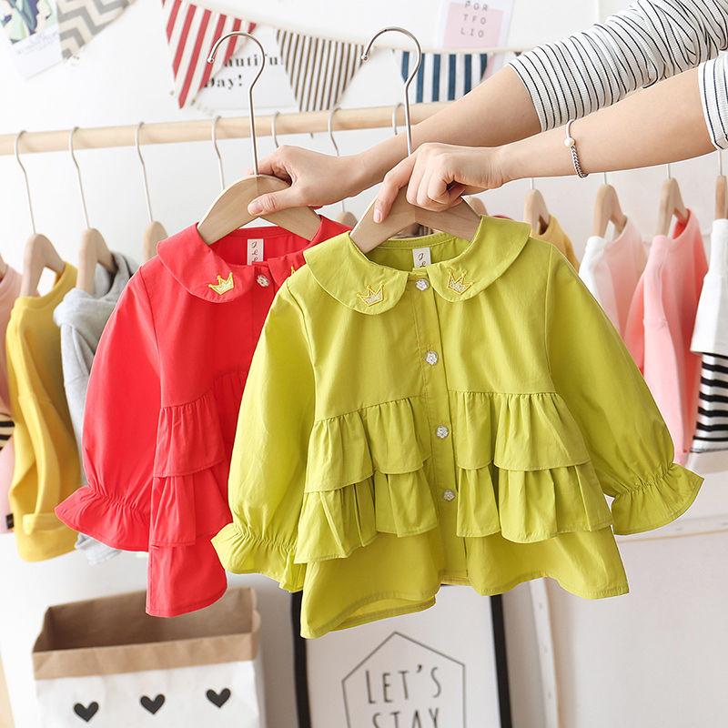 Shirt Frühling Baby Mädchen Reine Farbe Baumwolle Bluse Lnfant Krone aufbringen Stickerei Runde Kragen Nette Komfortable Volle Hülse