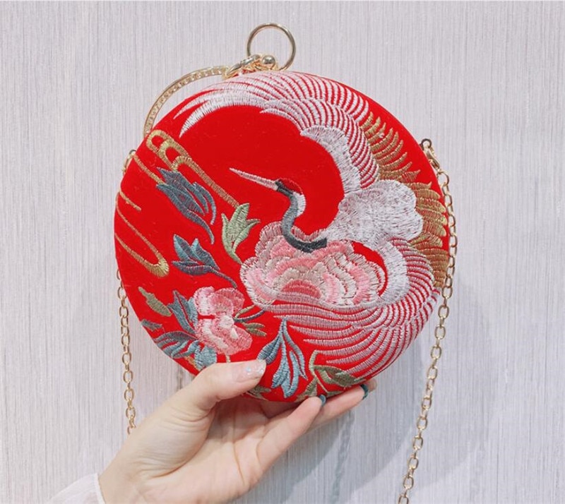 2022 Vrouwen Borduren Ronde Vormige Bruiloft Zakken Chinese Stijl Kraan Party Diner Clutch Diamond Handel Portefeuilles MN1579