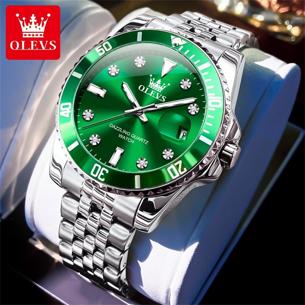 Olevs Originele Luxe Mannen Horloge Kalender Groen Waterdicht Quartz Horloge Voor Mannen Rvs Band Lichtgevende Diamant Schaal: Roze