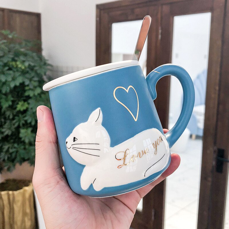 3d lättnad katt keramisk kopp med lock sked vatten kopp tecknad konstnärlig hipster män och kvinnor studenter par kopp: Blå -2